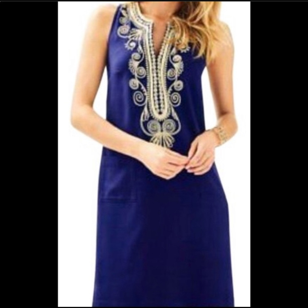 Lilly Pulitzer navy shirt dress, racer back zipper, gold design. Size 0